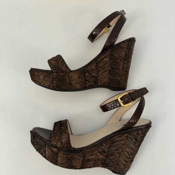 Prada Raffia Wicker Wedge Platform Sandals Dark Brown Open-Toe | IT 40 (US 10) - Picture 5 of 10